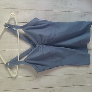 Prana blue tank top with built-in bra. Ruching in front. Stretchy. Size L